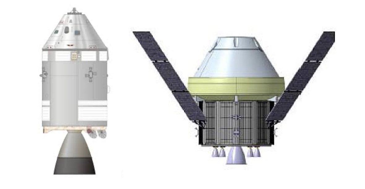 Сравнение размеров командного и служебного модуля "Аполлон" (слева) и Orion + ESM (справа)